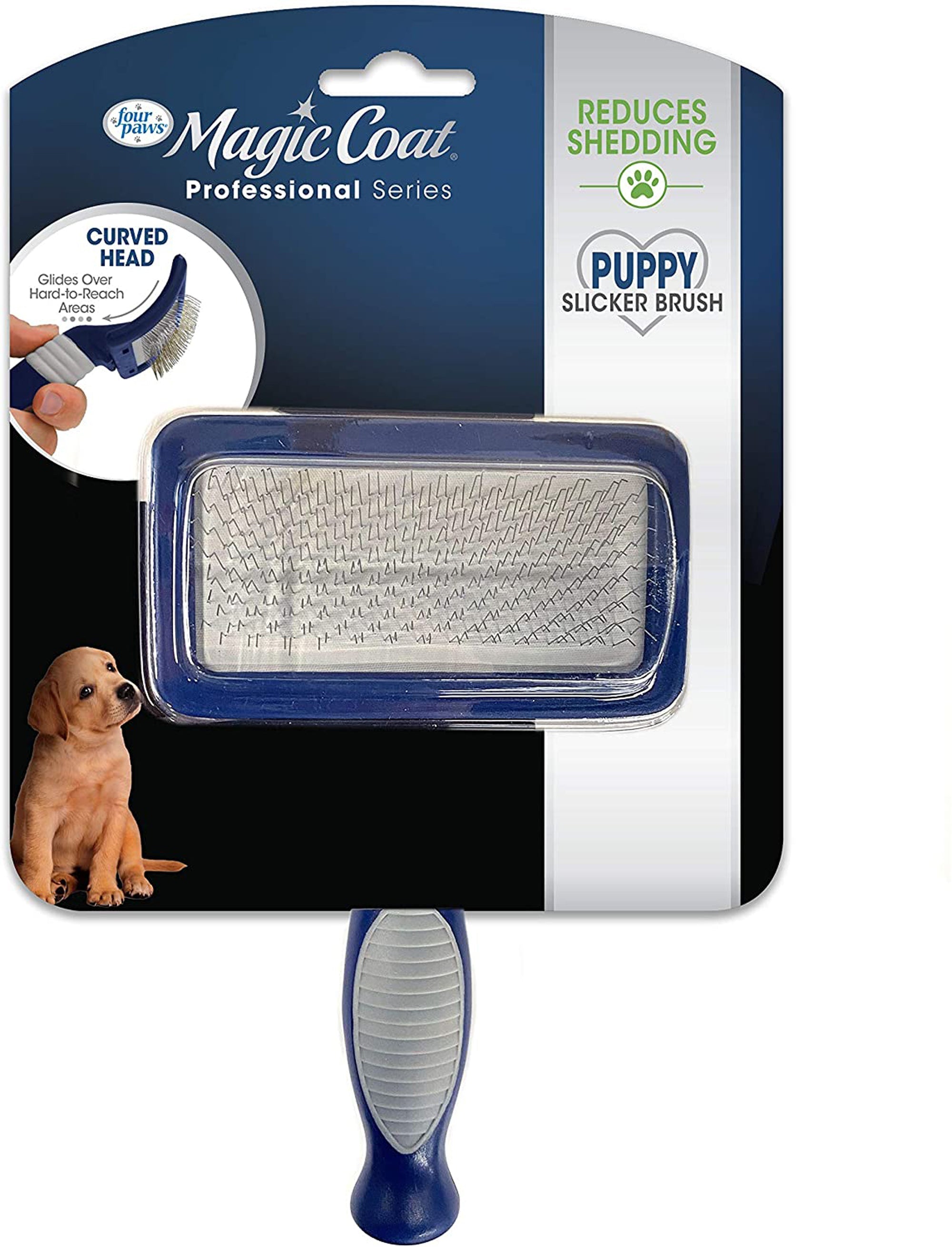 Four Paws Magic Coat puppy slicker brush with curved metal bristle pad and blue handle