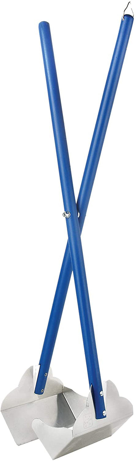 Blue sanitary dog pooper scooper with folding handles and scoop