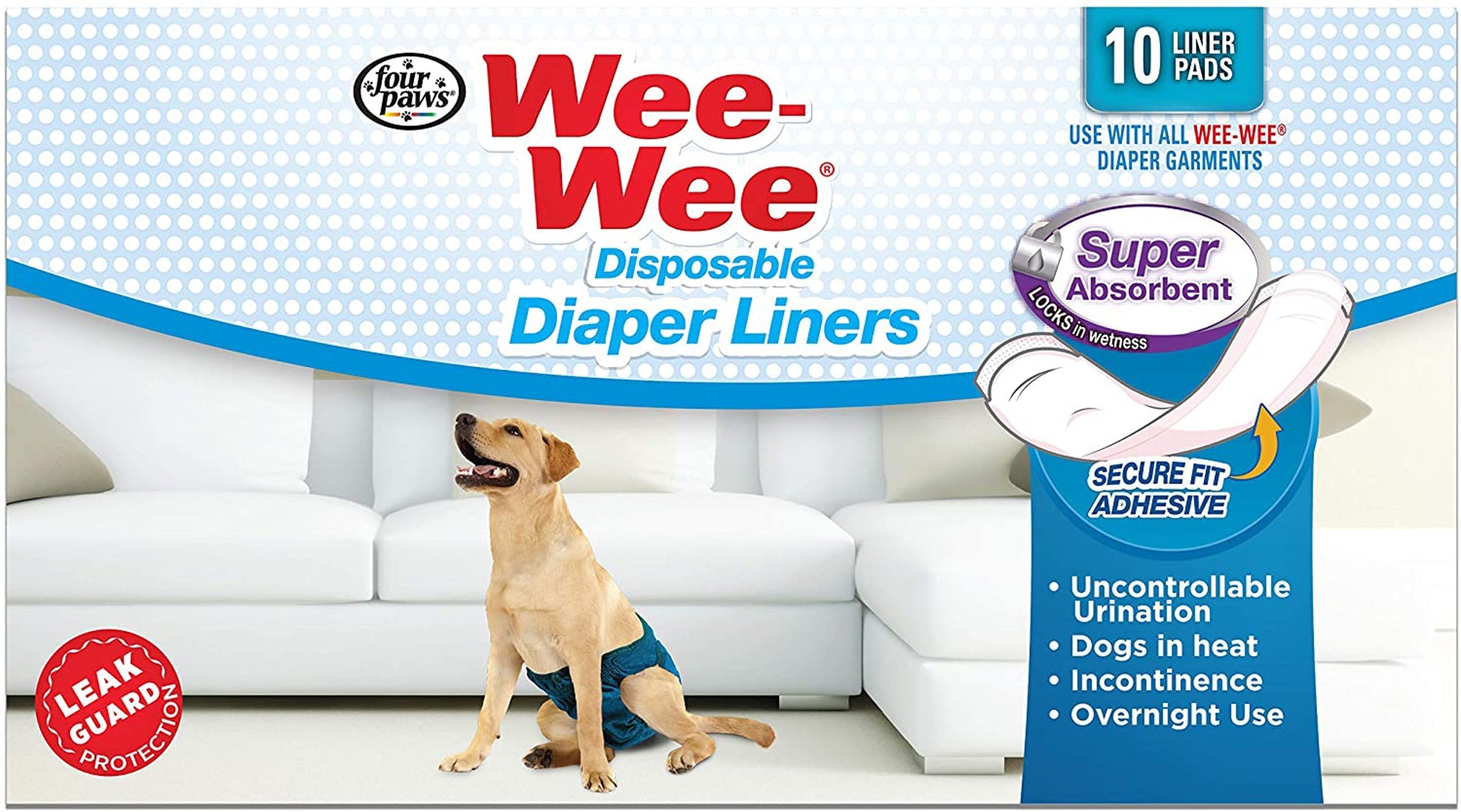 Dog diaper liner pads package with secure fit adhesive and super absorbent design
