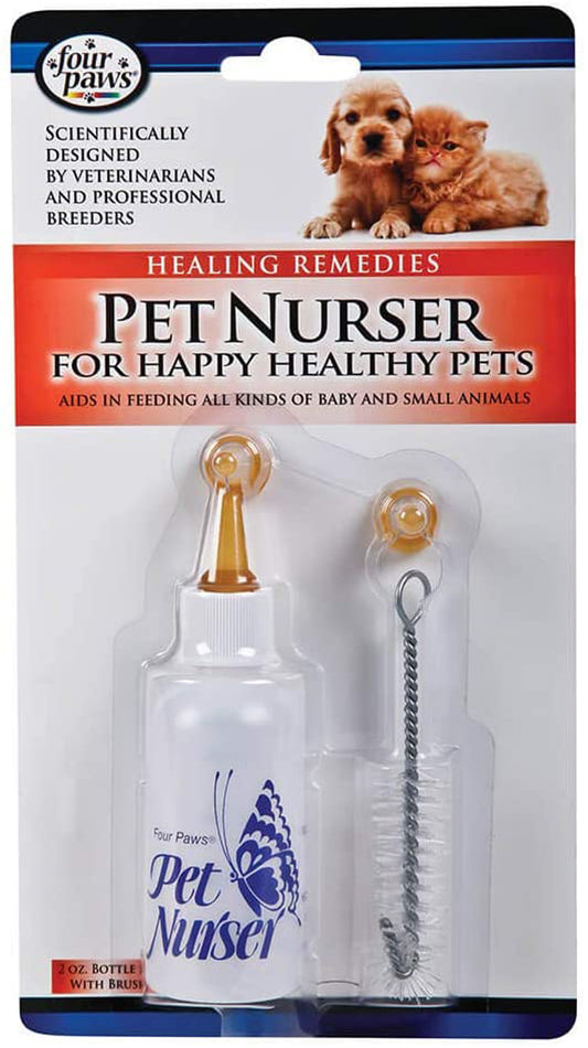 Four Paws pet nurser kit with two 2oz bottles and feeding brush on blister card