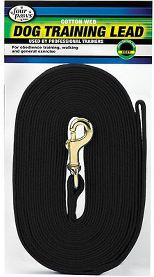 Black cotton-web dog training lead strap with metal clip and ring, 15 ft