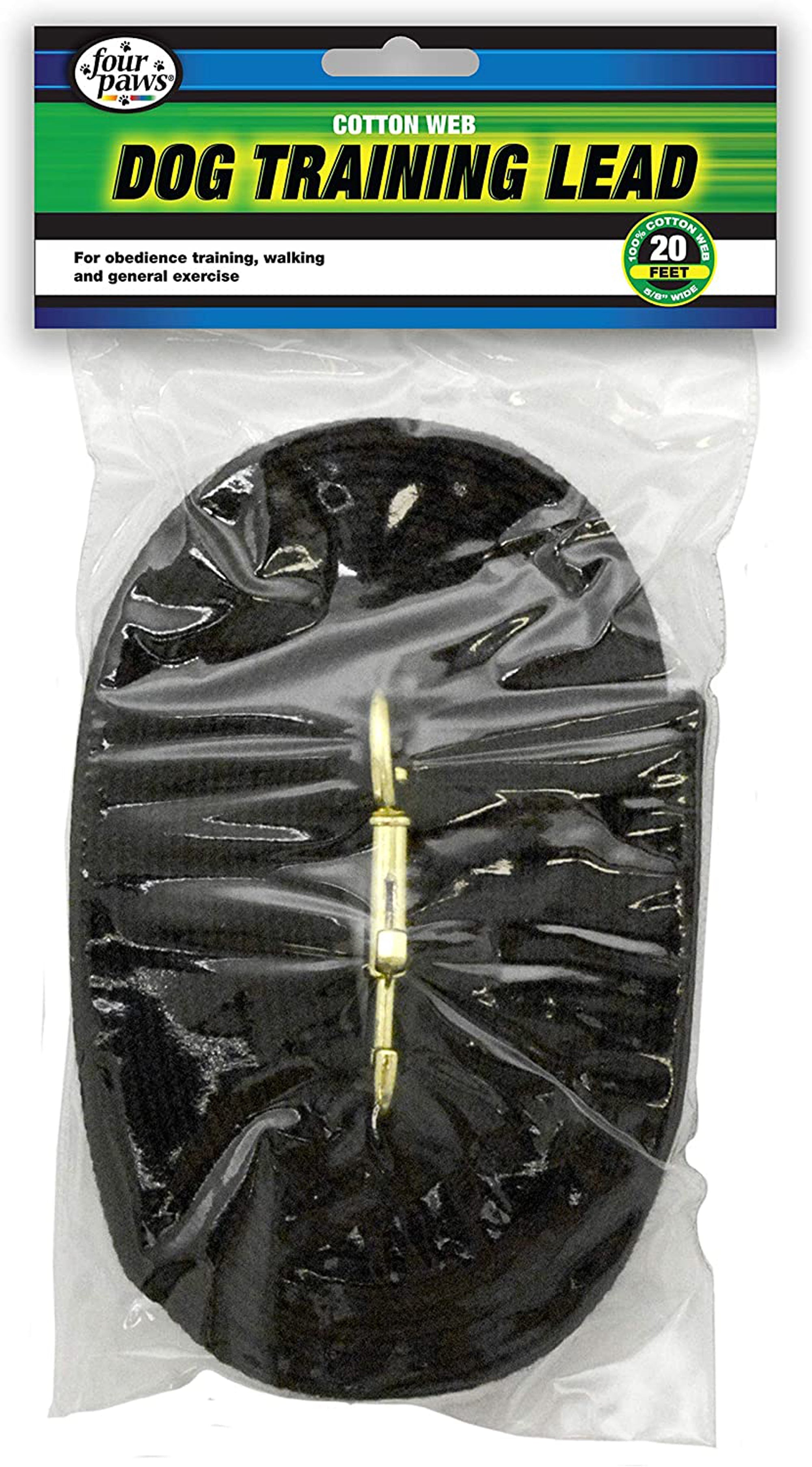 Four Paws black cotton web dog training lead, coiled with metal clasp