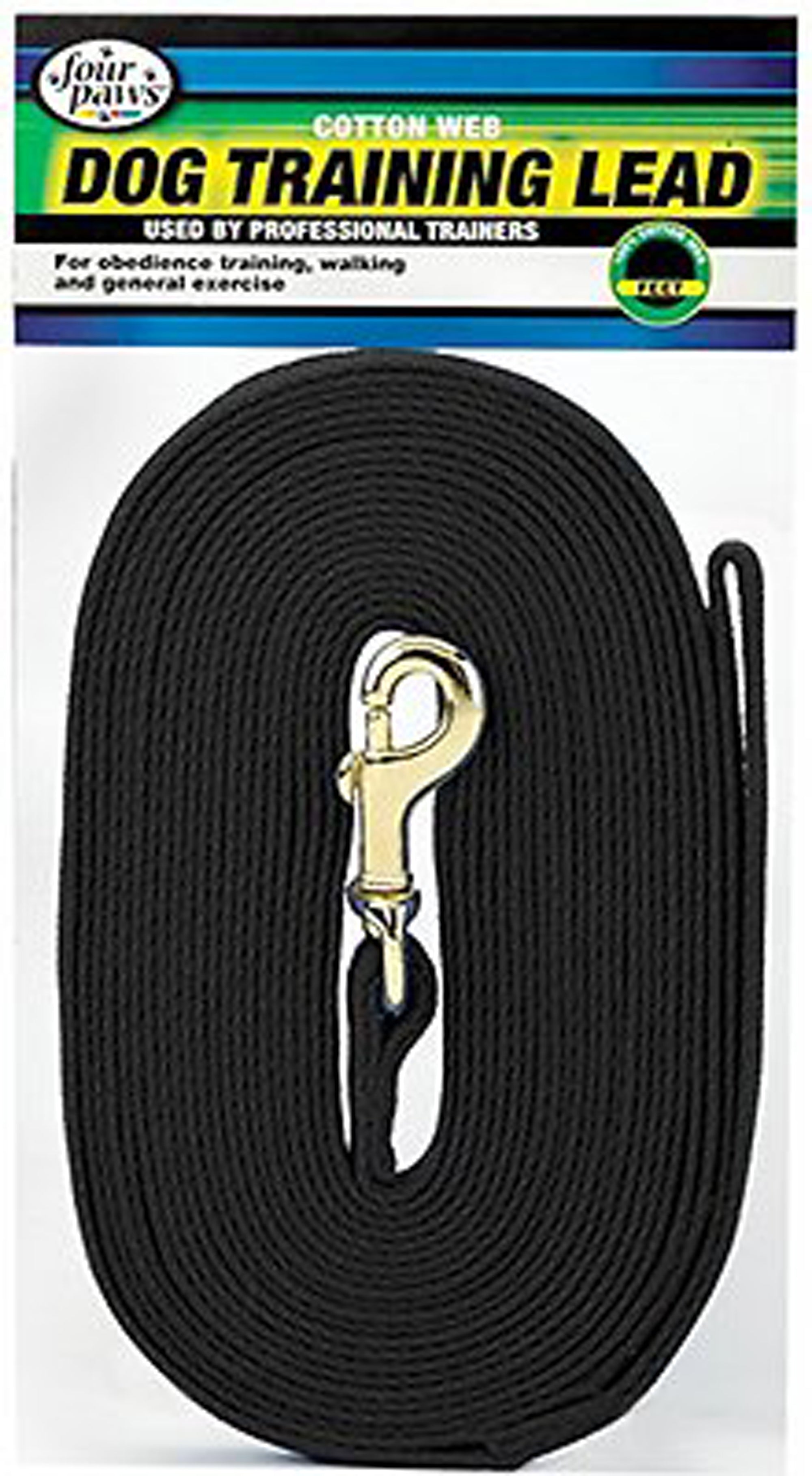 Black cotton web dog lead with metal clasp and D-ring, 30-ft roll