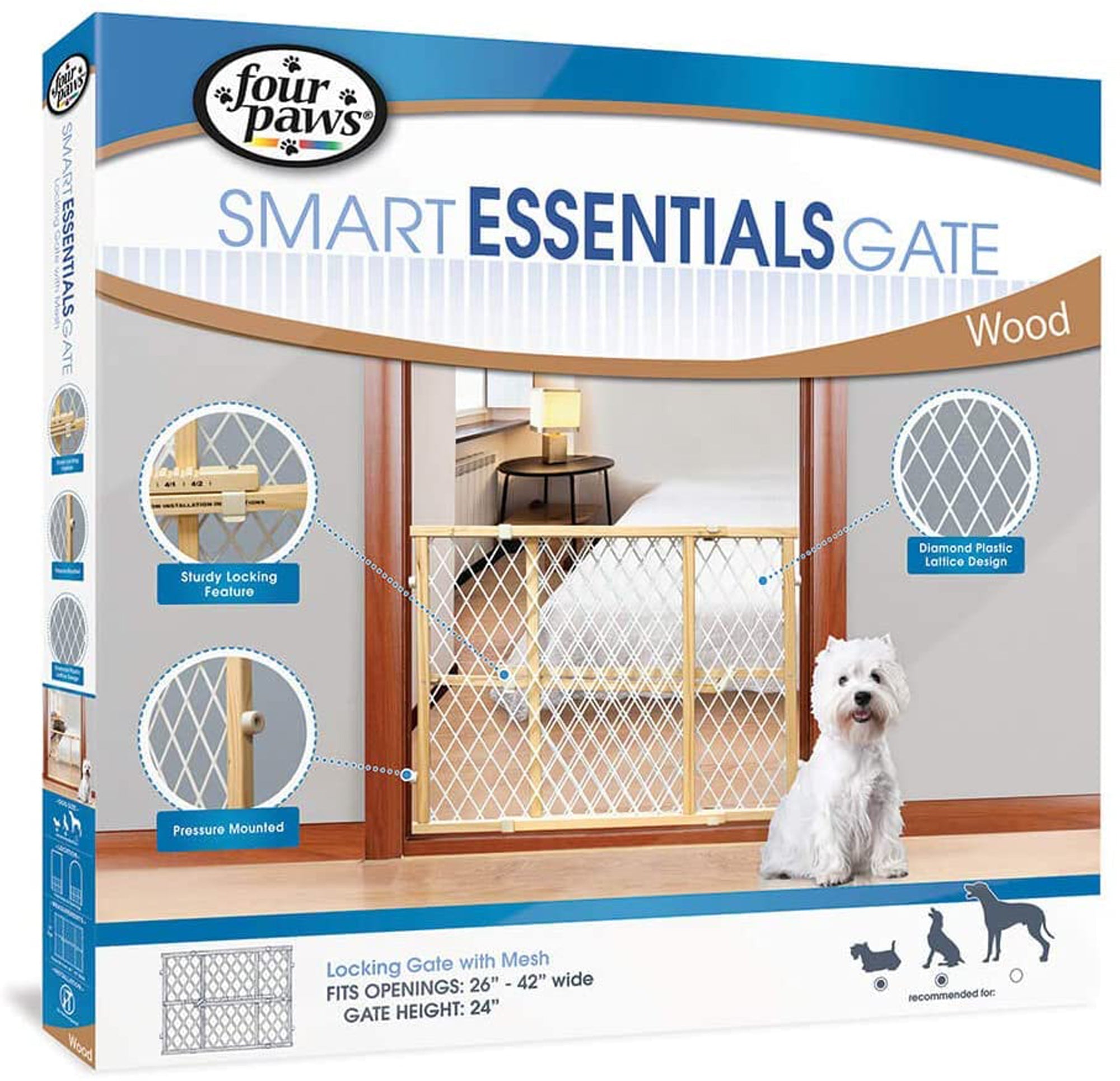 Wood locking pet gate with white mesh panel shown on product packaging