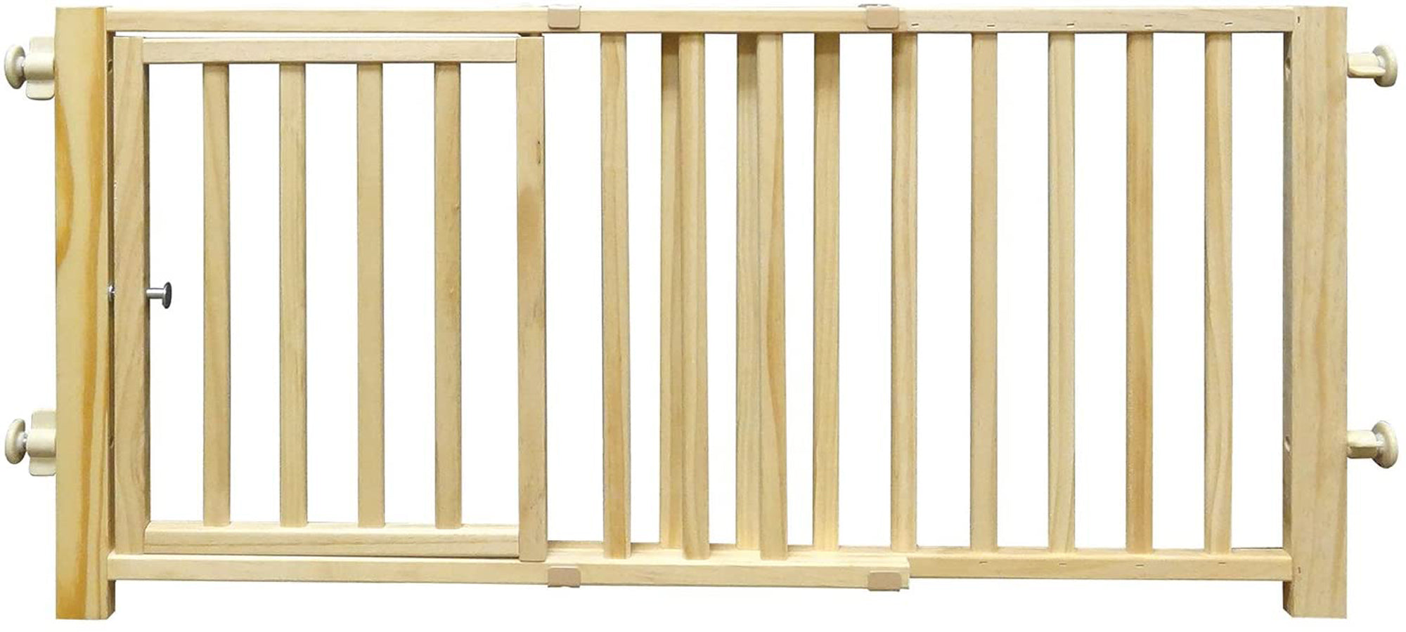 Wood dog safety gate with door, vertical bars and latch hardware