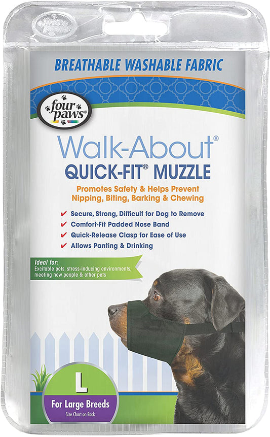 Breathable dog muzzle with adjustable quick-fit strap, shown in clear retail packaging
