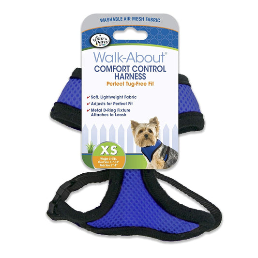 Blue comfort control dog harness with black adjustable straps, XS size