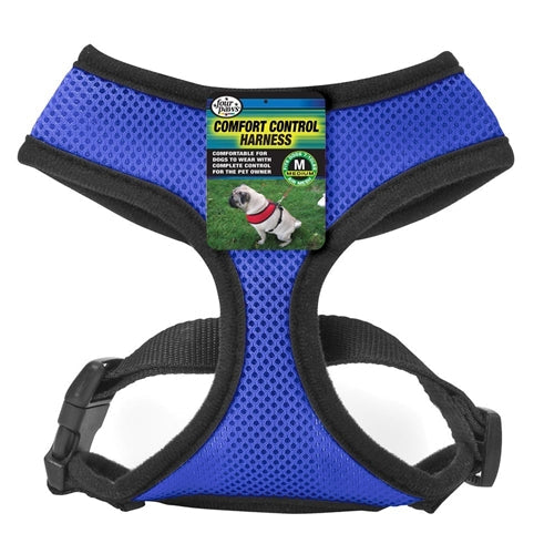 Medium blue comfort control dog harness with black straps and front clip
