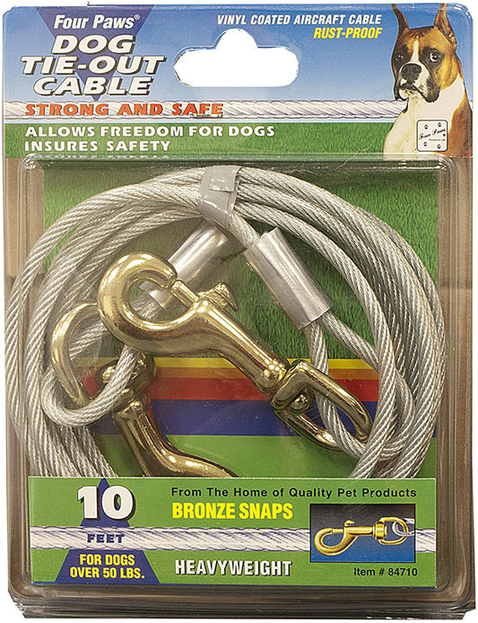 10ft heavy-duty silver dog tie-out cable with bronze snap hooks, coiled on card