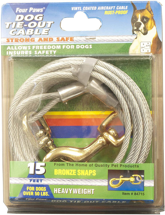 Four Paws heavy weight dog tie out cable, 15 ft, vinyl-coated steel with bronze snaps