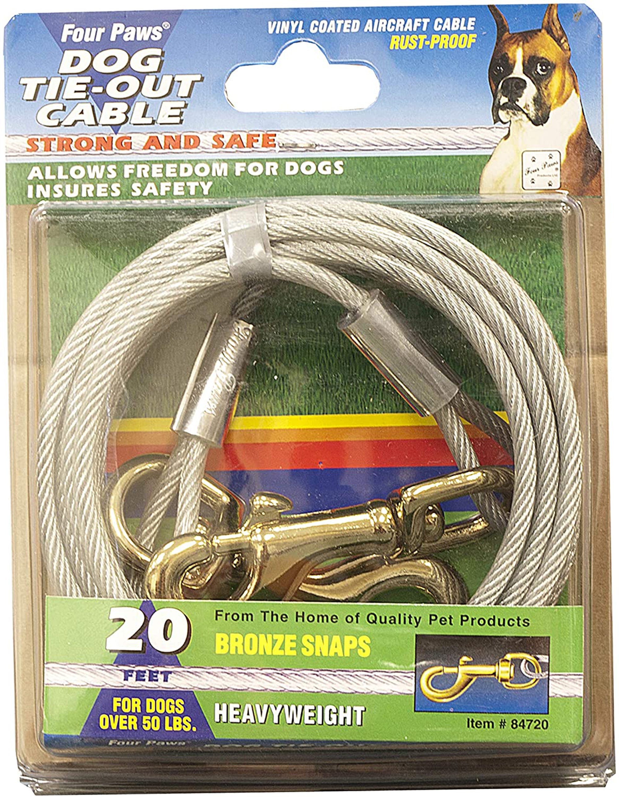 Four Paws heavy weight tie out cable, 20 ft silver rope with bronze snap hooks