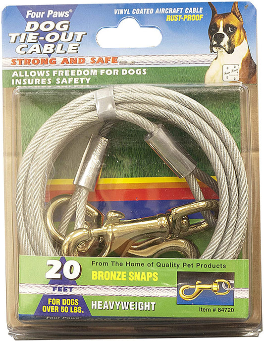 Four Paws heavy weight tie out cable, 20 ft silver rope with bronze snap hooks