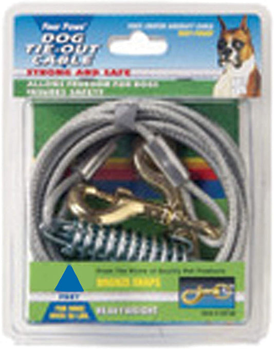 Heavy-weight tie-out cable with coiled silver wire and metal spring clamp