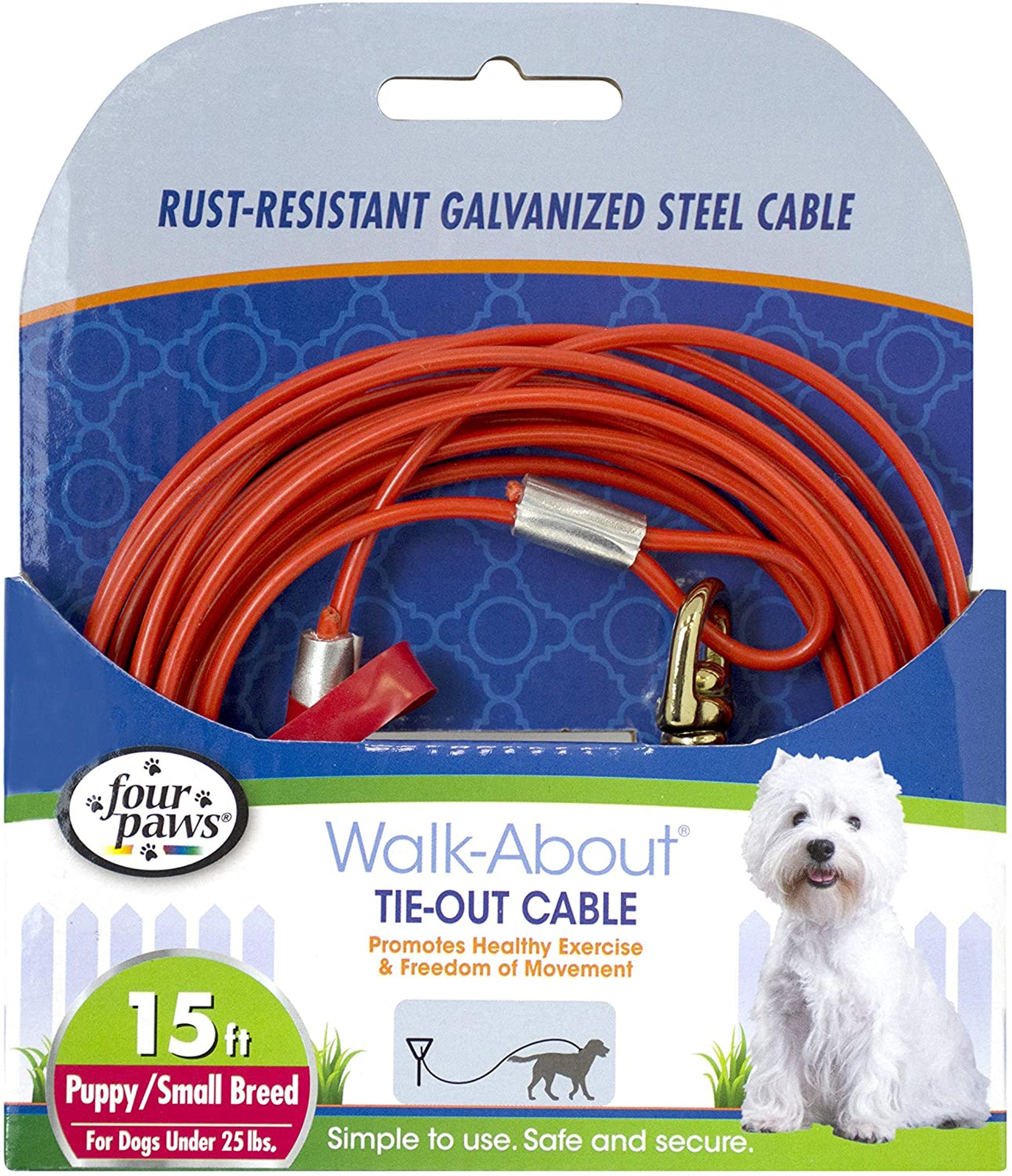 Red dog tie-out cable, rust-resistant galvanized steel, 15 ft length