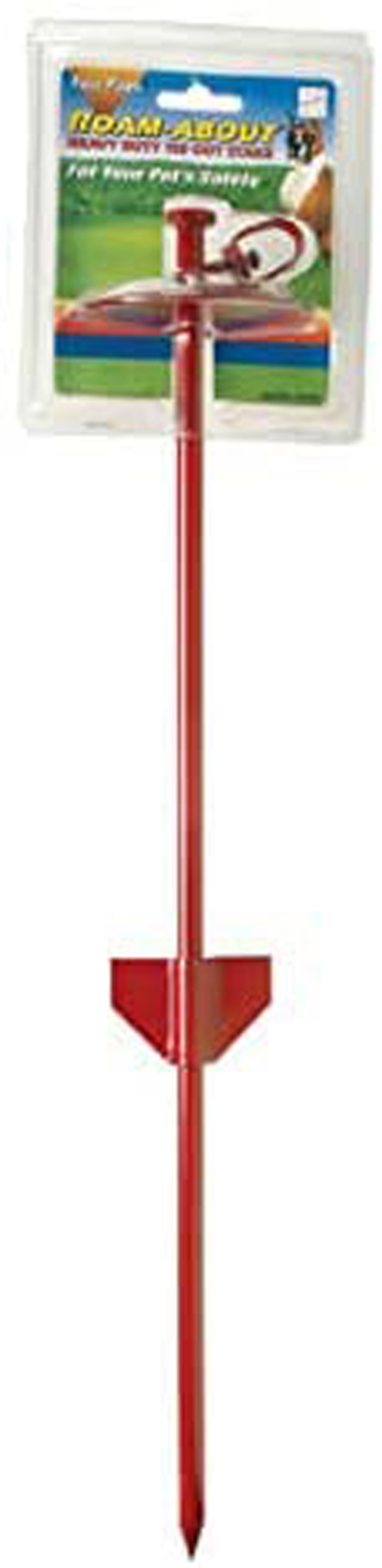 Red metal dog tie-out stake with pointed ground end