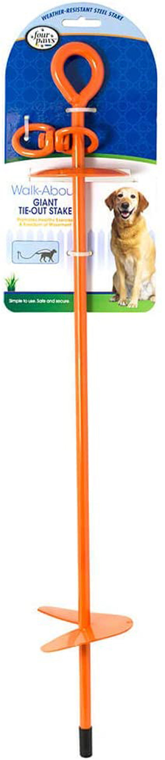 Orange dog tie-out stake with spiral ground anchor and black handle