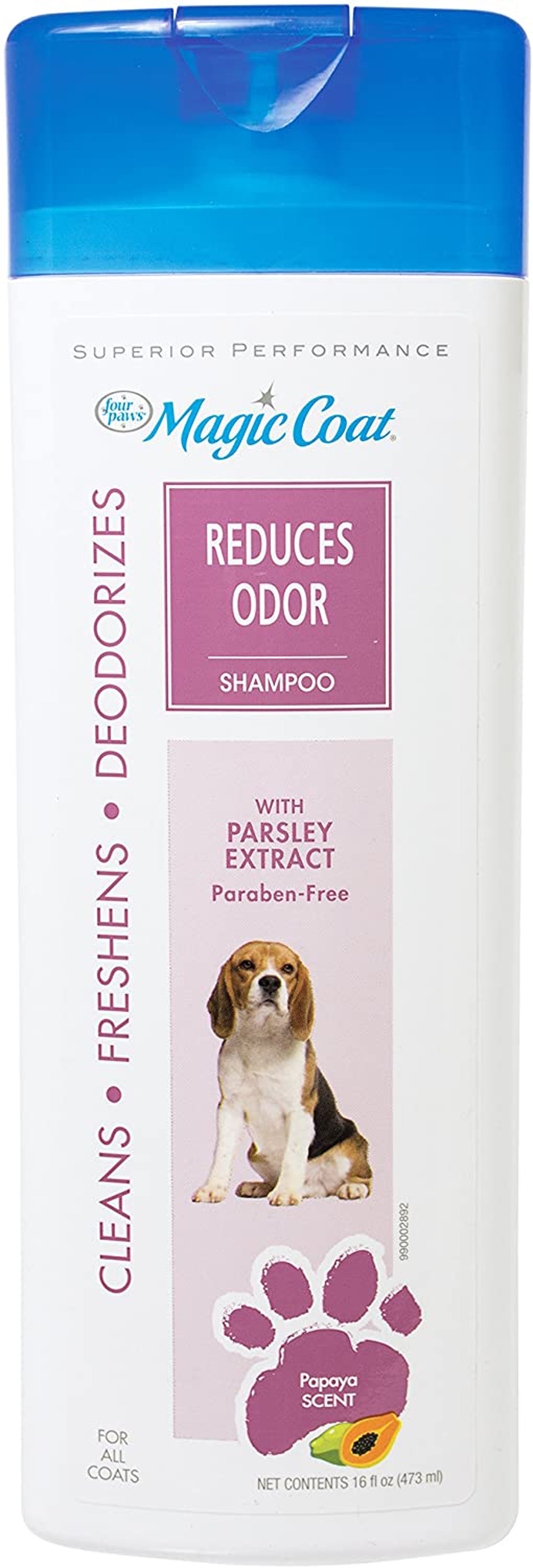 Odor-reducing dog shampoo in white bottle with blue cap, paw print label.