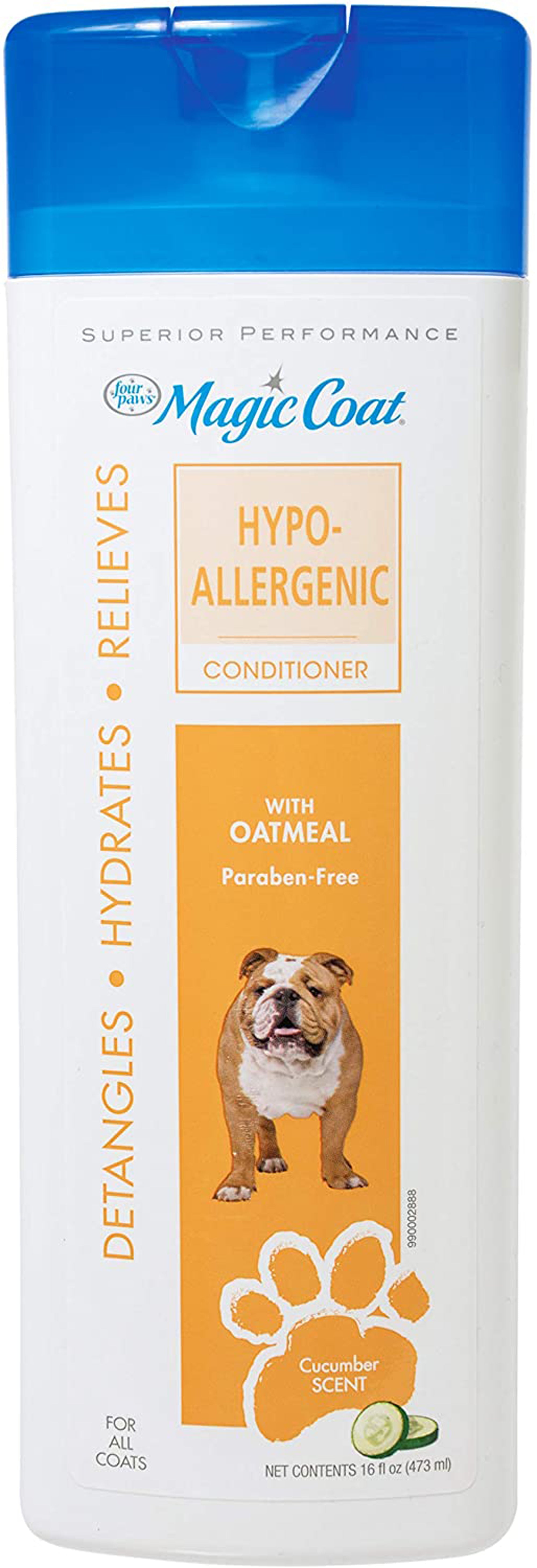 Hypoallergenic dog conditioner bottle, blue cap and white label with Magic Coat branding