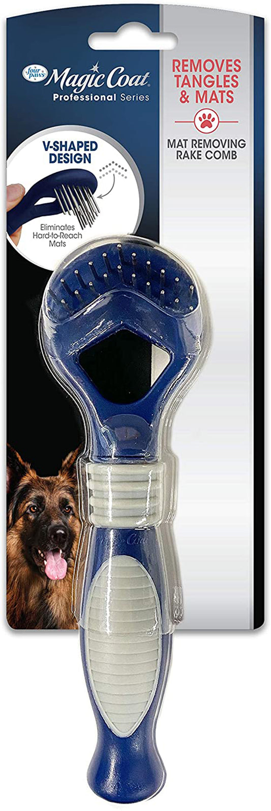 V-shaped pet grooming rake comb with mat-removing teeth, blue handle