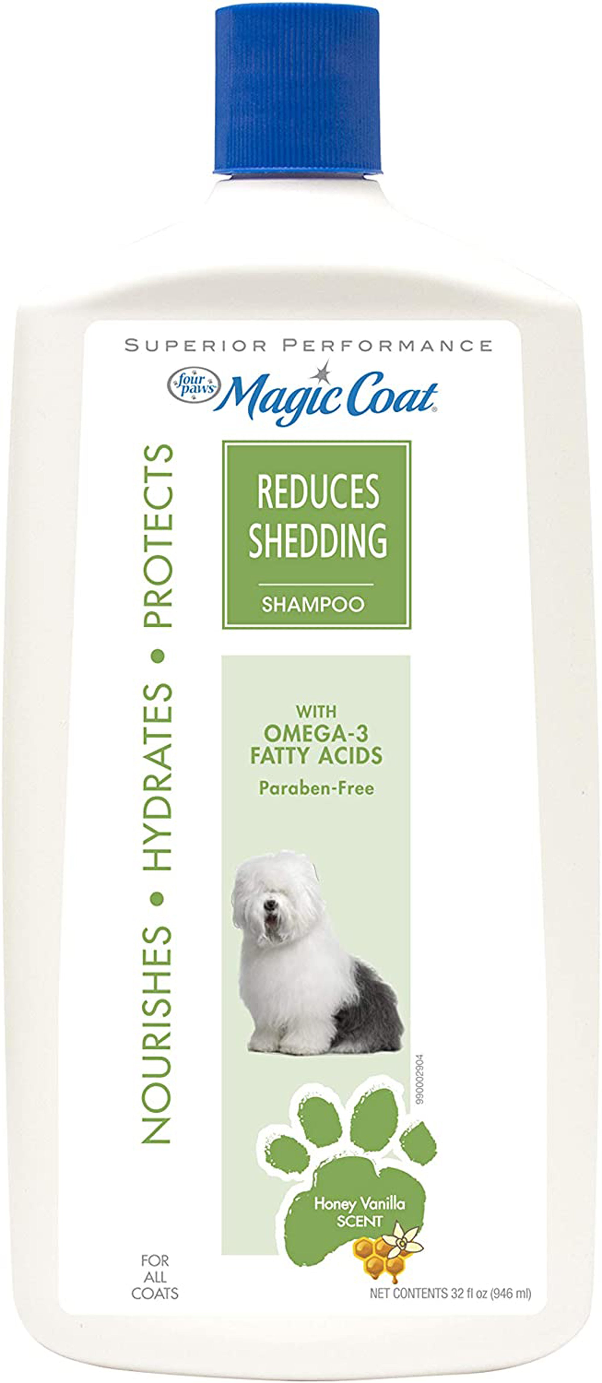 Dog shedding-reducing shampoo bottle, white with blue cap, label: reduces shedding