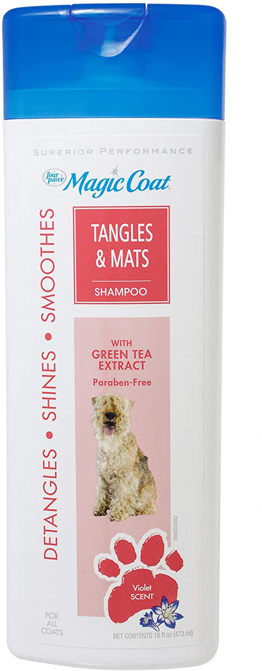 Dog detangling shampoo in blue bottle, “Magic Coat” label for tangles & mats, green tea extract