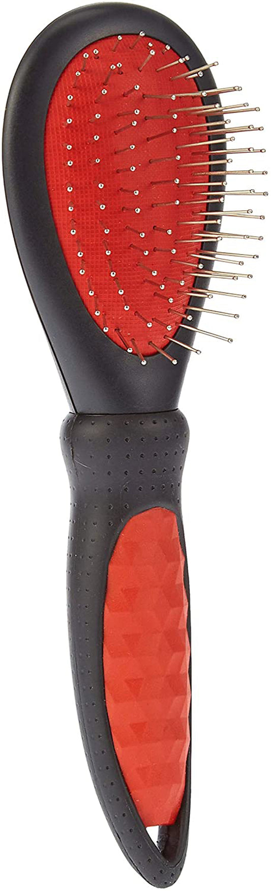 Dog pin brush with black handle, red cushion and metal pins for grooming