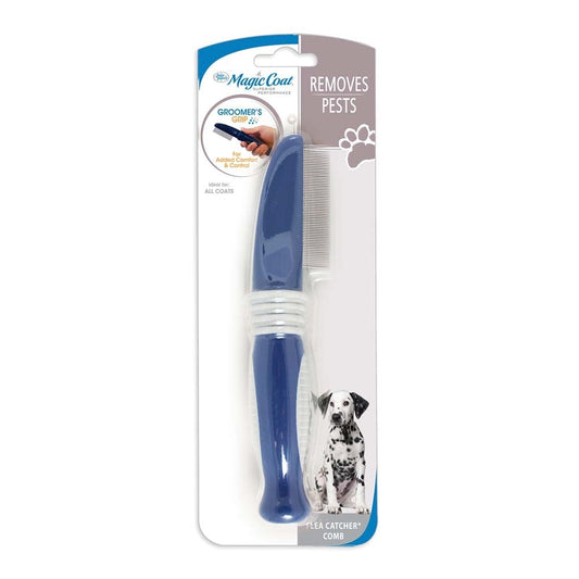 Four Paws Magic Coat flea catcher dog comb with blue handle and fine metal teeth