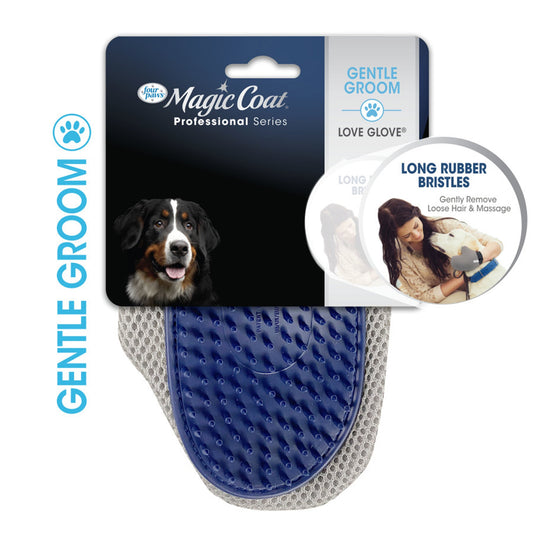 Blue grooming mitt with long rubber bristles for pet coat grooming