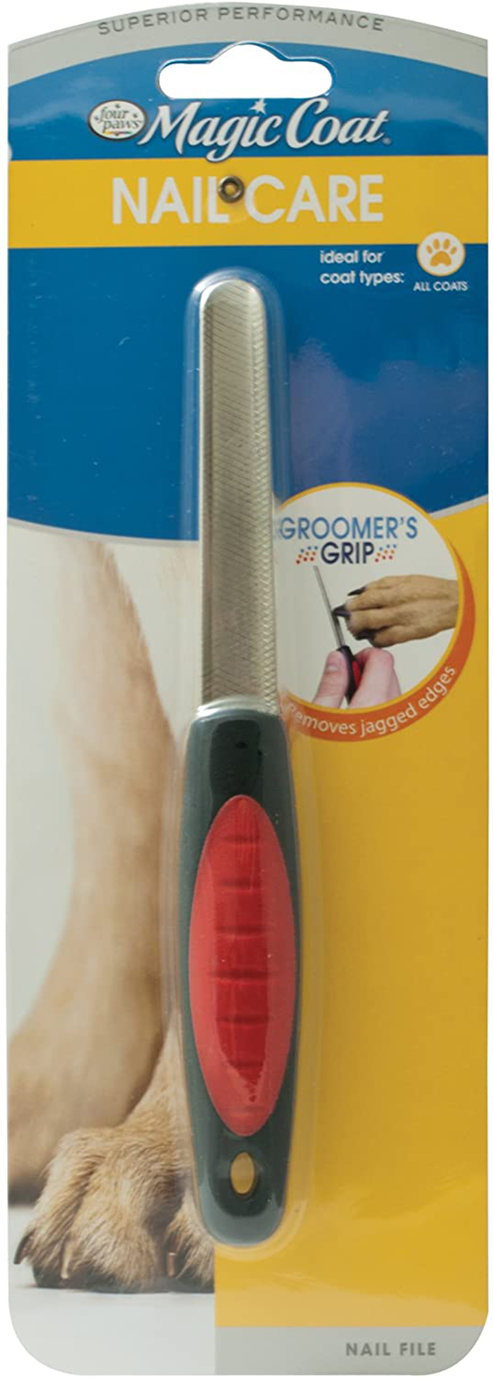 Dog nail file with red grip handle and silver metal filing surface