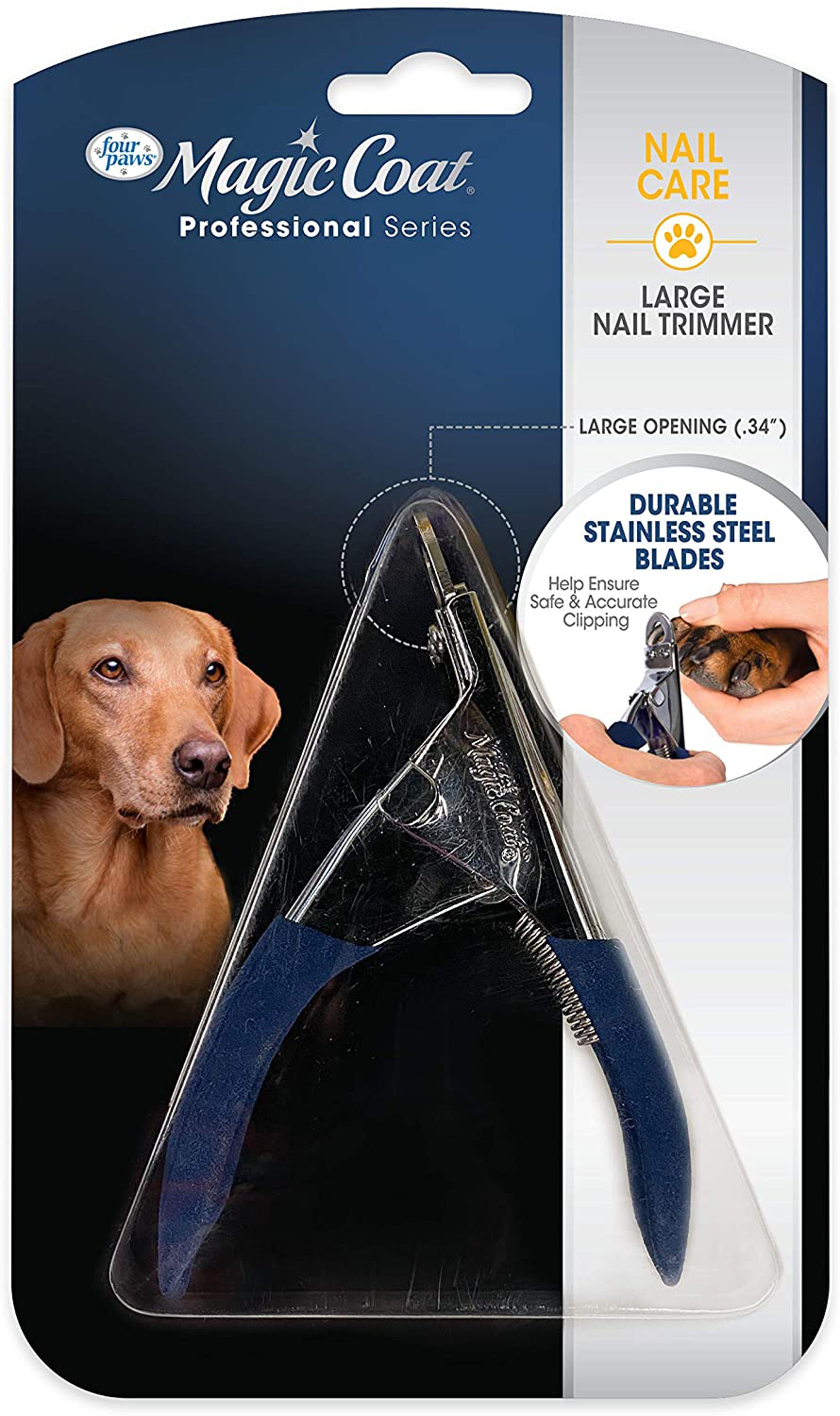 Small pet nail trimmer with blue handle and stainless steel blades in blister pack