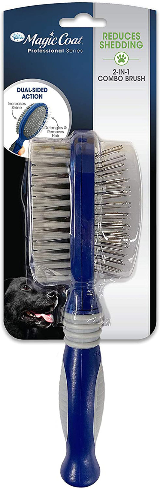 Small dual-sided grooming brush with blue handle and mixed bristle combs