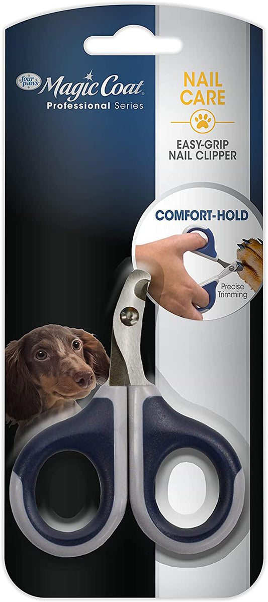 Pet nail clippers with easy-grip handle in retail packaging, small size