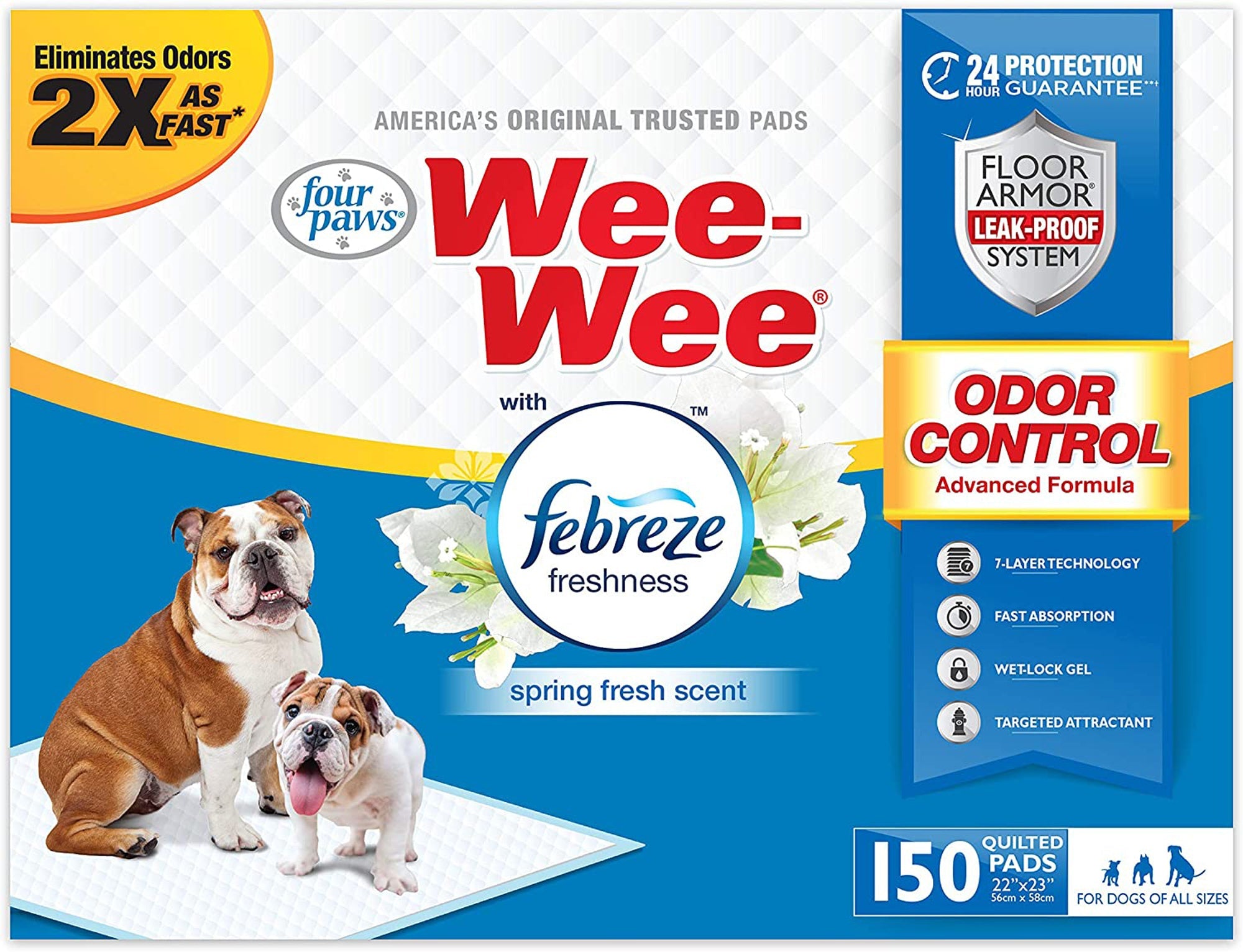 Dog pee pads package with Febreze Freshness odor control, leak-proof 150 pads