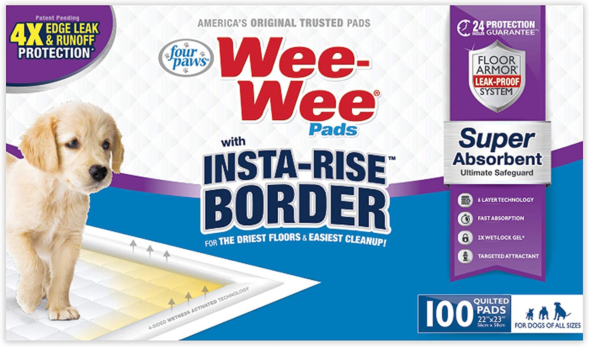 Four Paws Wee-Wee Pads with Insta-Rise Border, 10-count, super absorbent floor protection pack