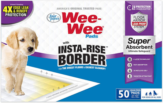 Four Paws Wee-Wee pee pads with Insta-Rise border, 50-count super absorbent quilted pads