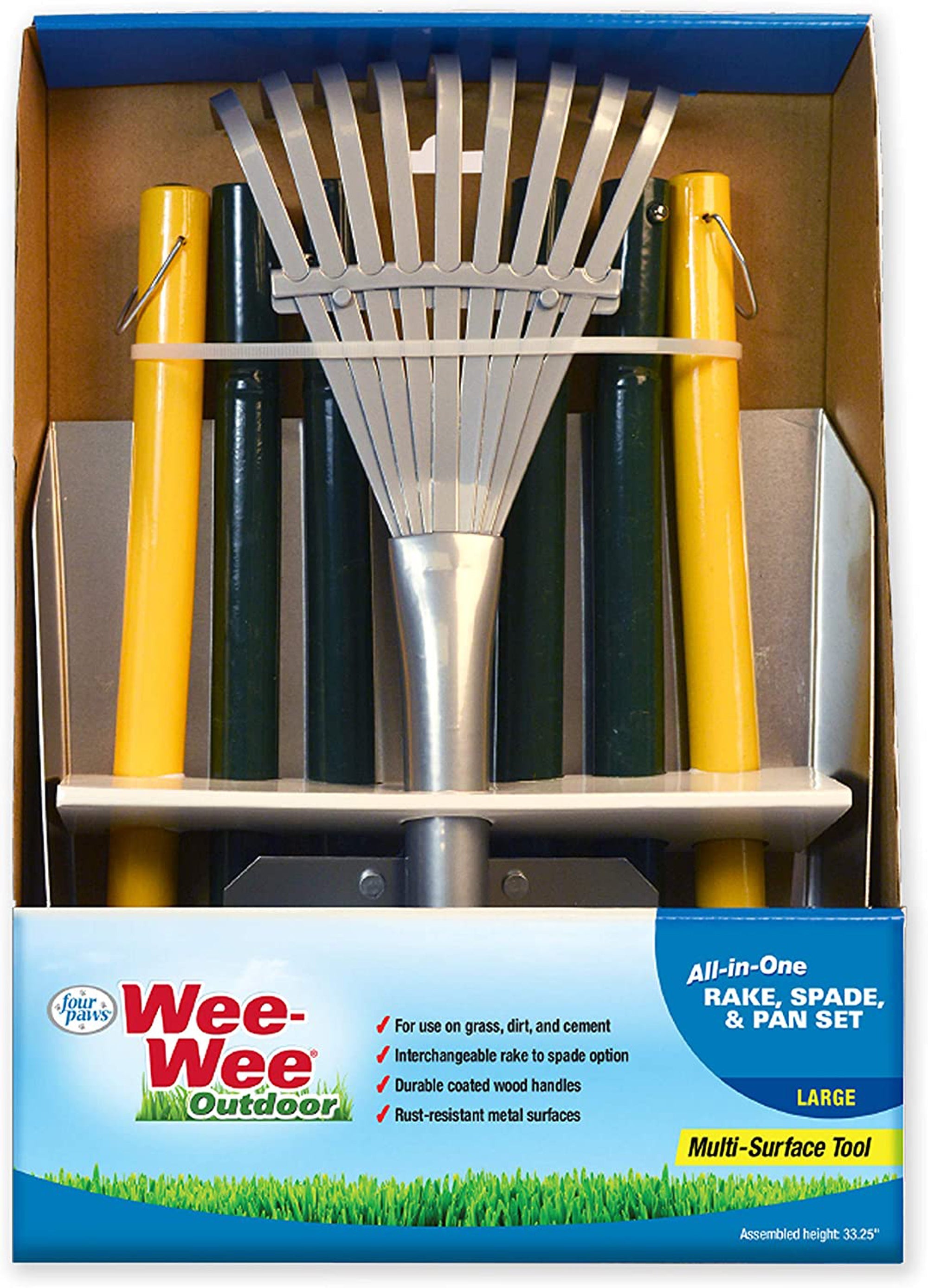 Yellow handled dog poop rake, spade and pan set with metal rake head