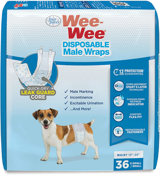 Disposable male dog wraps box, 36 count, waist 13–20 in, X-Small/Small