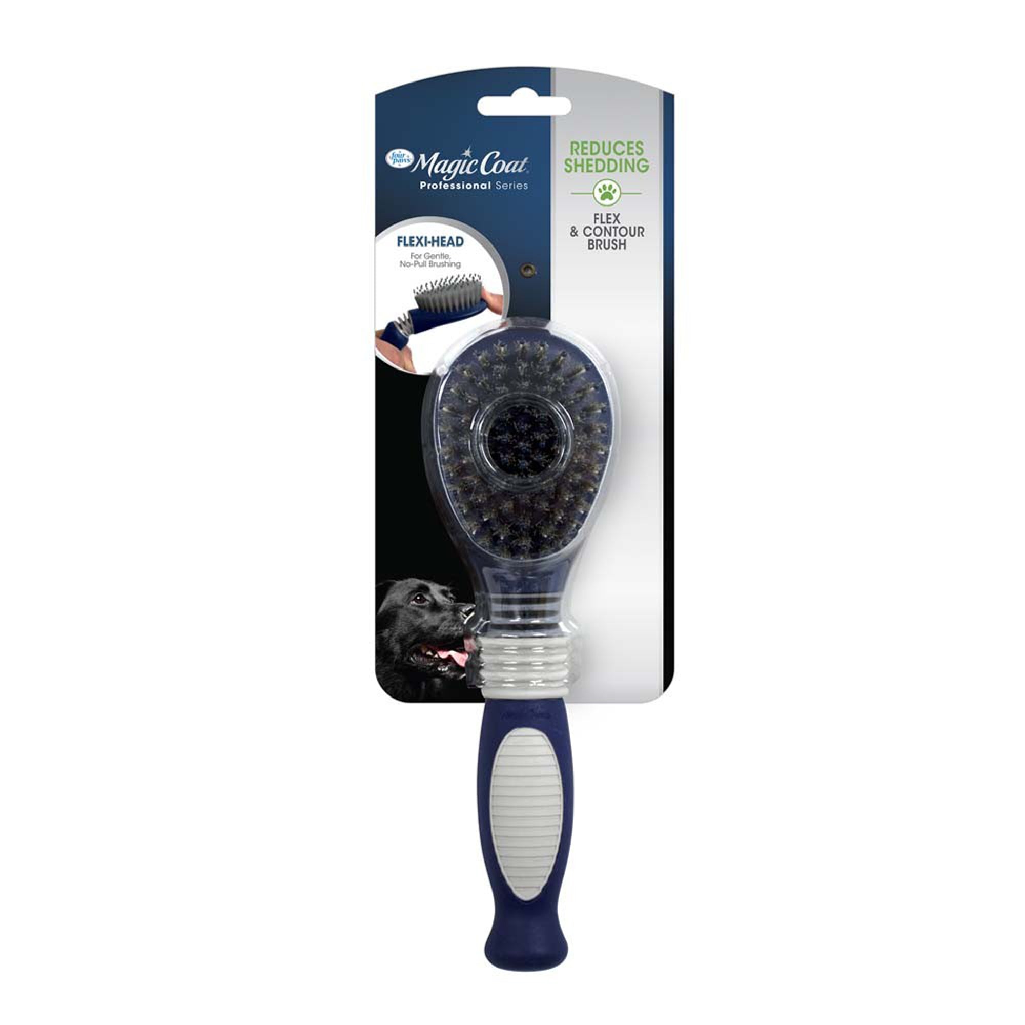 Dog grooming pin and bristle brush with flexible head, blue handle.