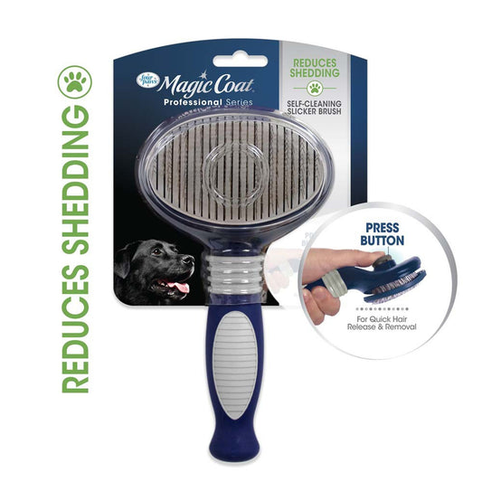 Self-cleaning slicker dog brush with blue handle and oval pin head