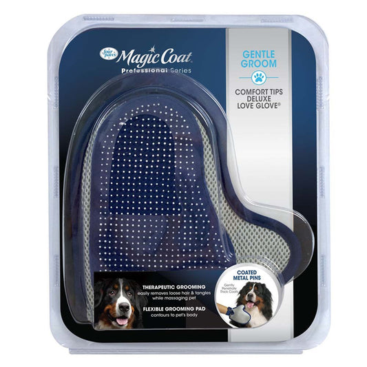 Blue grooming glove with flexible pad and coated metal pin dots, comfort tips design