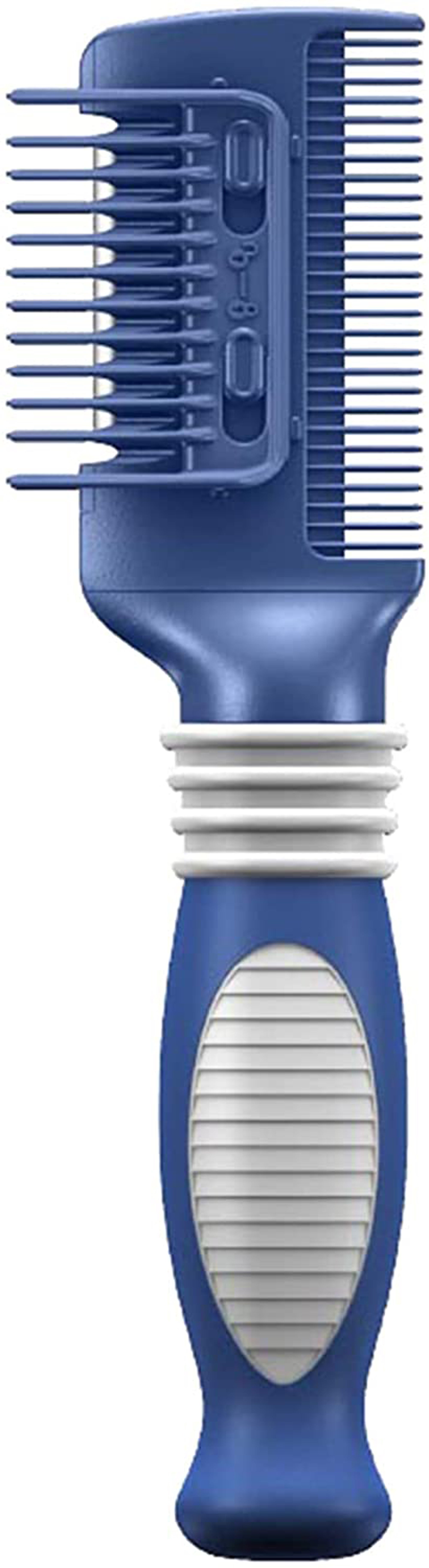 Dog de-matting comb brush with dark blue handle and wide metal teeth