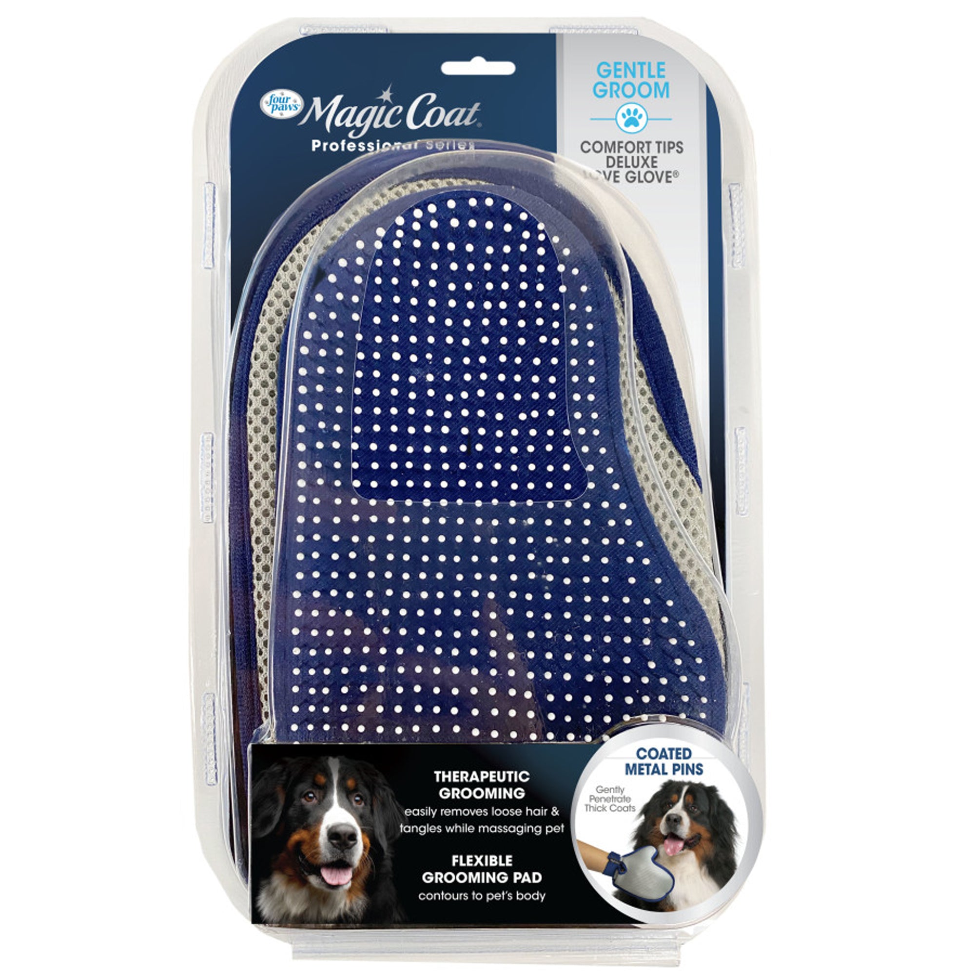 Blue dog grooming glove with dense dotted metal pins for gentle grooming