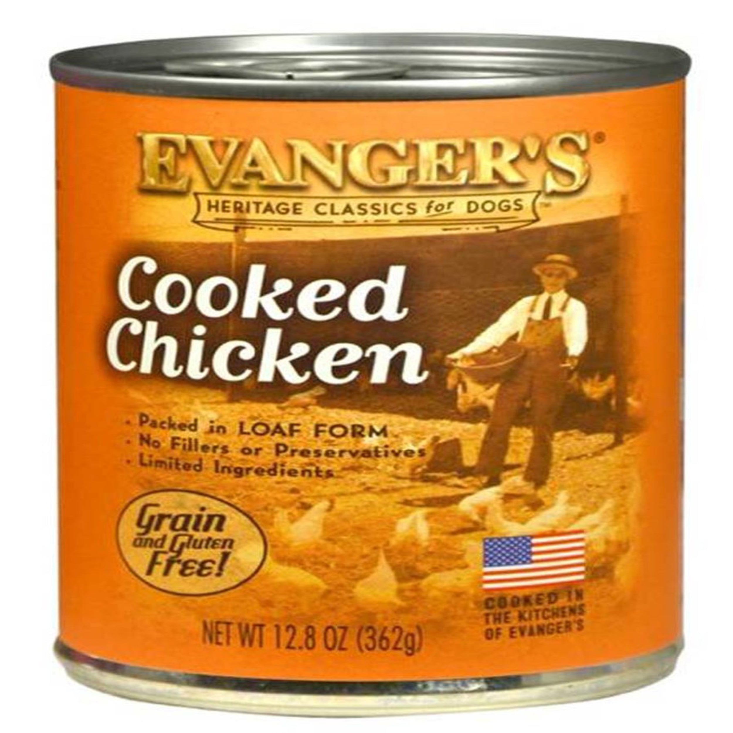 Evanger's Heritage cooked chicken wet dog food can, 12.8 oz