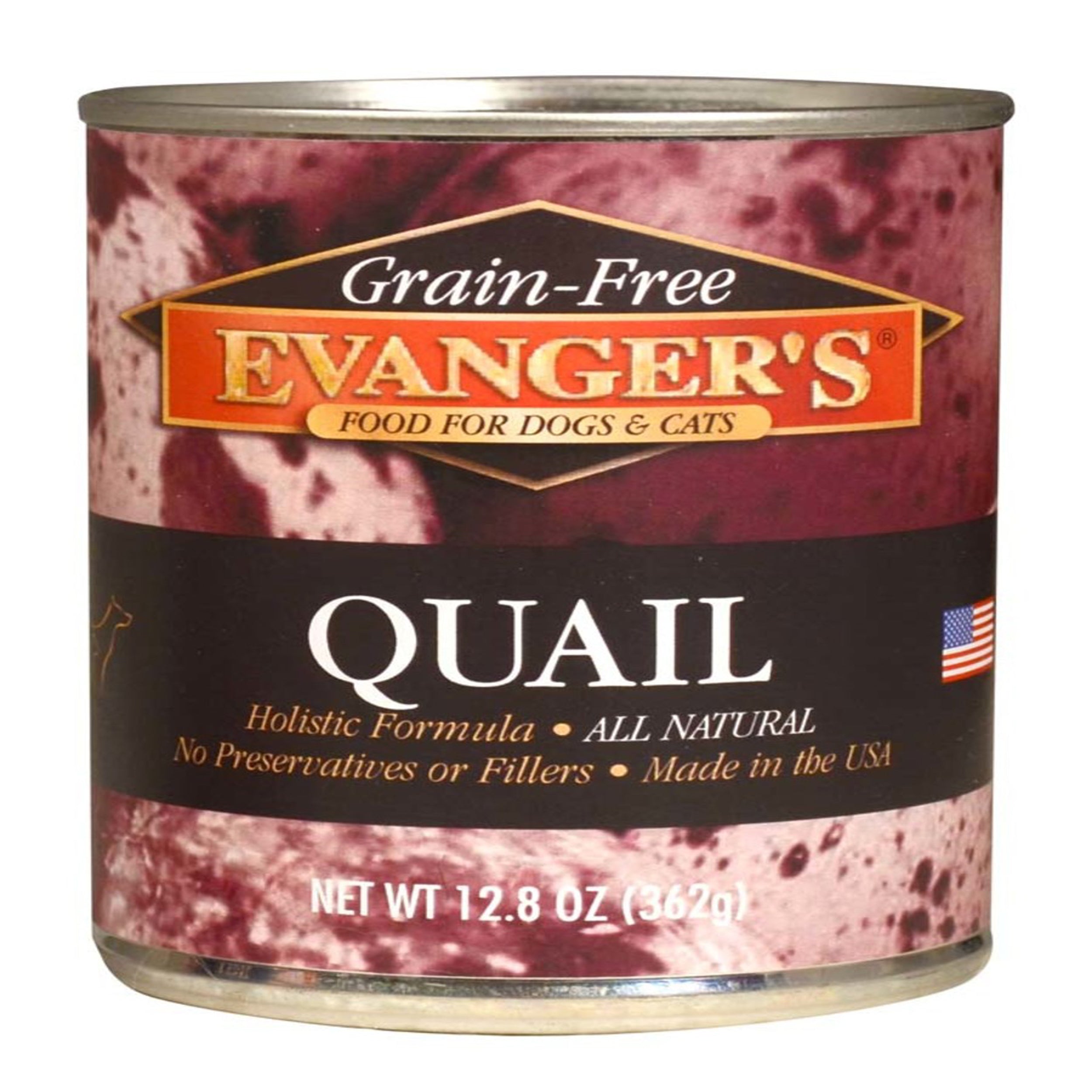 Evanger's grain-free wet pet food can with quail, 12.8 oz label.