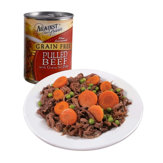 Wet dog food can and bowl of pulled beef in gravy, grain-free