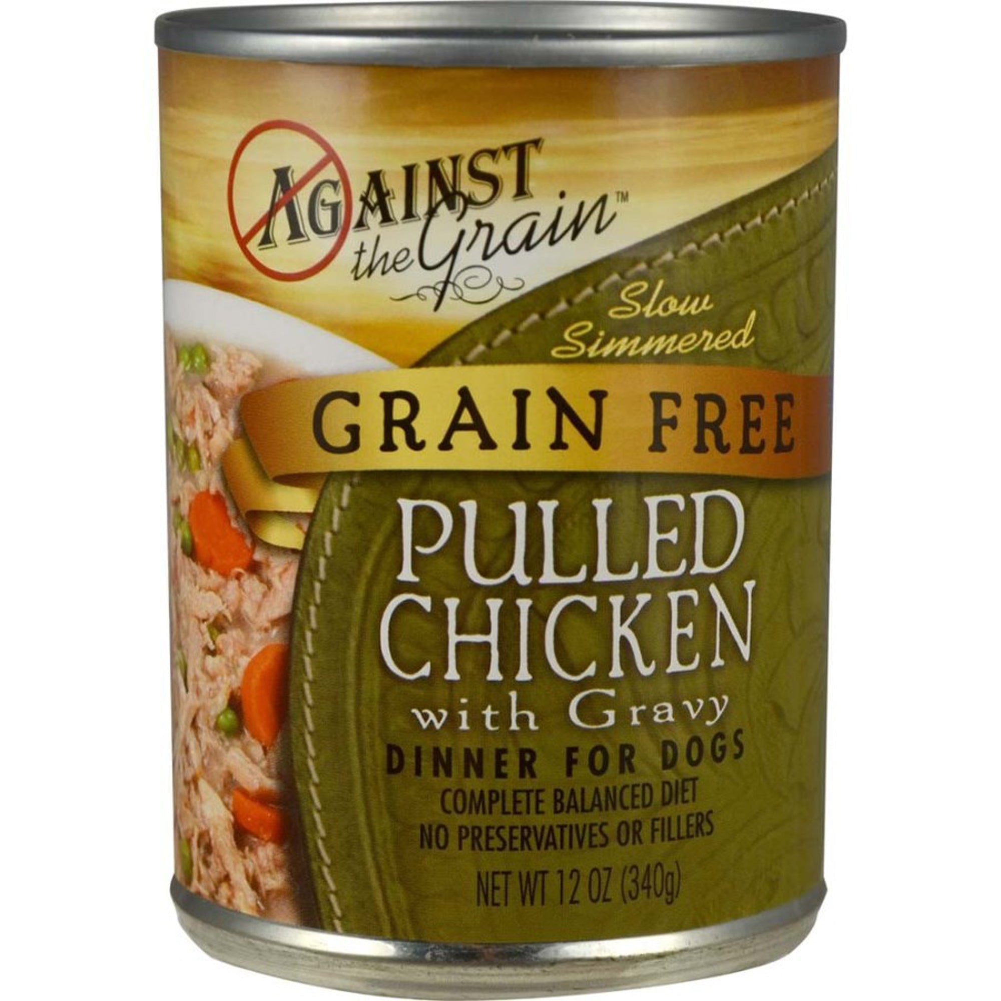 Wet dog food can by Against the Grain, grain-free pulled chicken with gravy