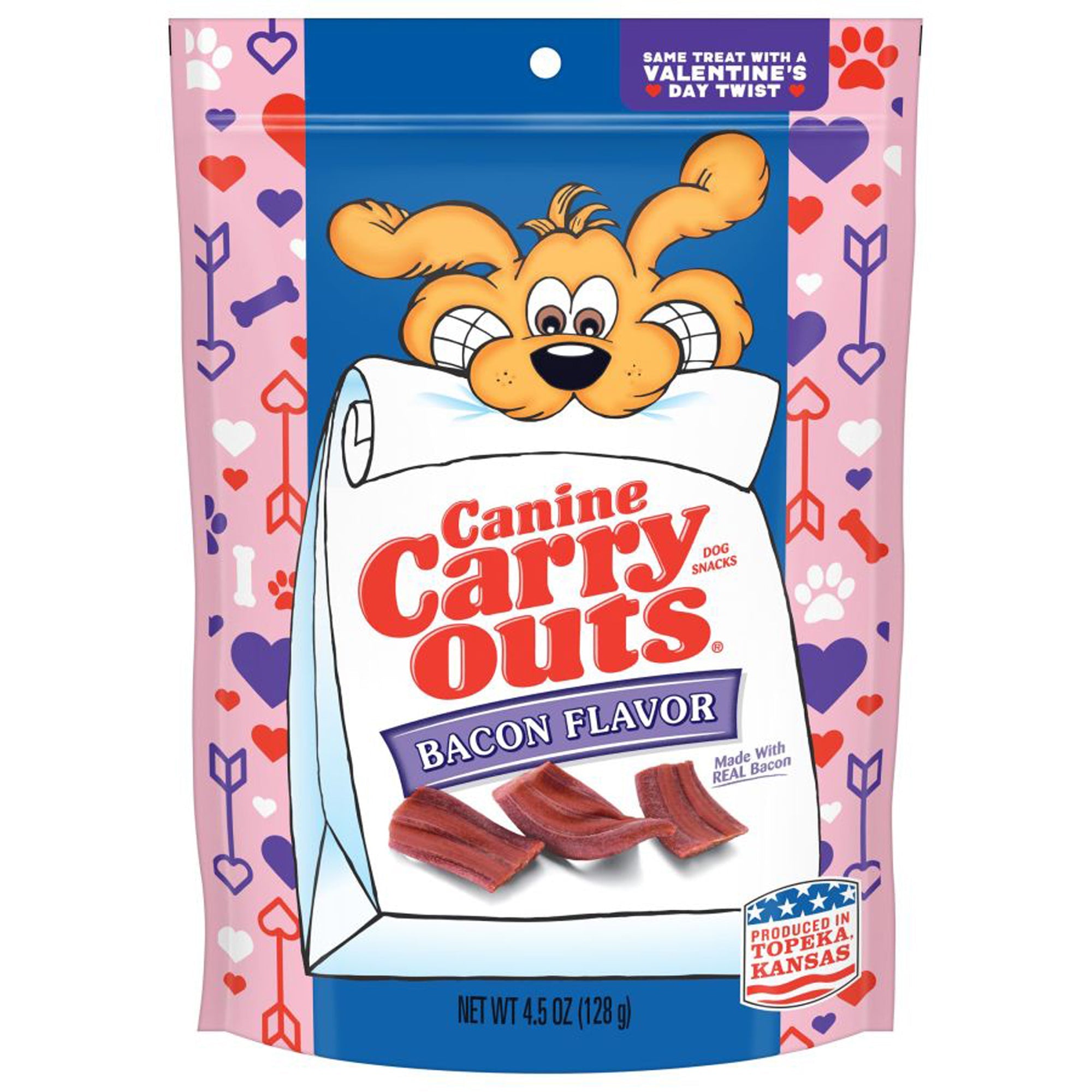 Bacon-flavored dog treat bag with visible red bacon strip pieces
