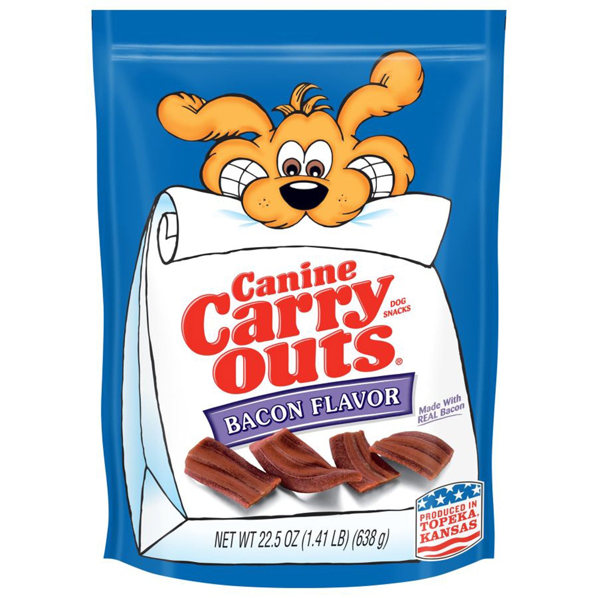 Bacon flavor dog treat bag with Canine Carry Outs branding