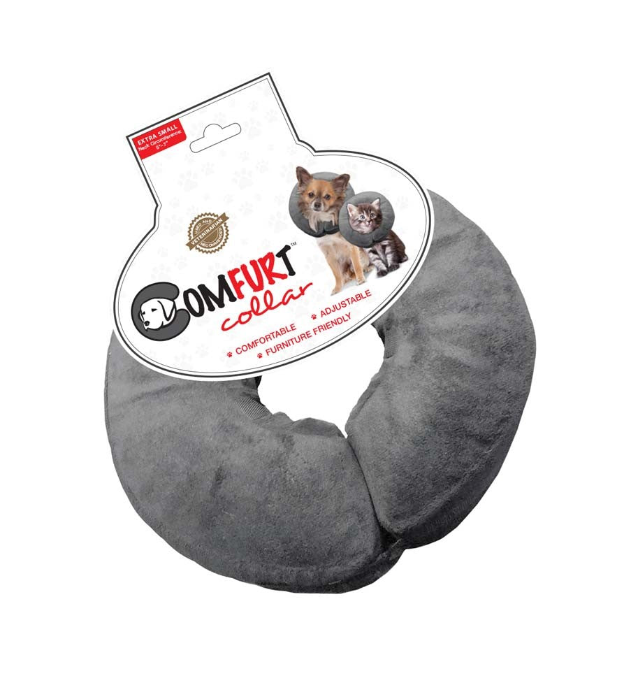 Charcoal poly-filled adjustable pet e-collar, donut-shaped protective collar