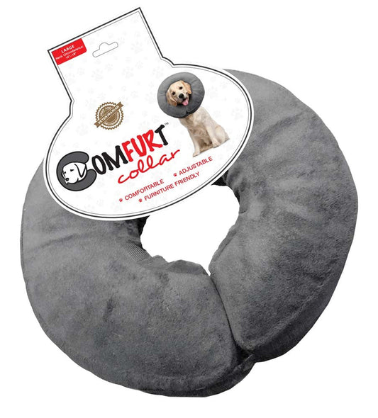 Charcoal adjustable poly-filled pet e-collar, donut-style soft plush ring